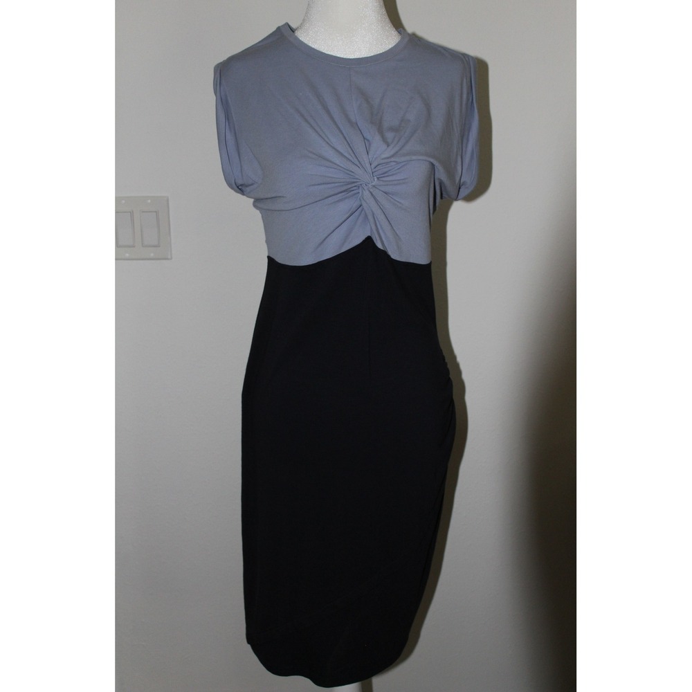 Carven Two Tone Twisted Neck Midi Dress Navy Light Blue‎ Women's Size M